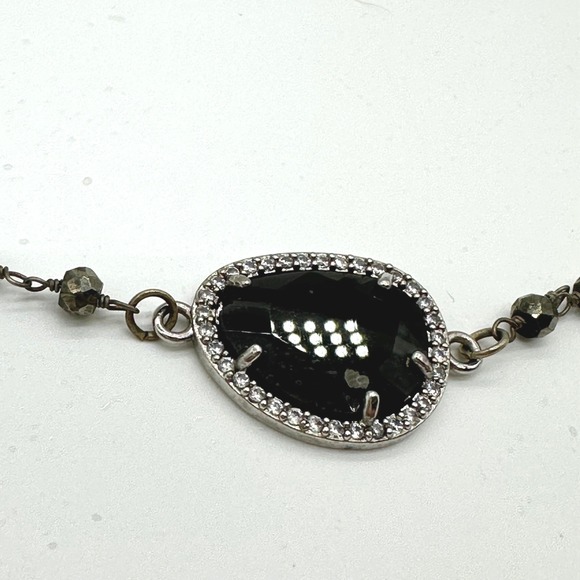 Free People Jewelry - Free People Beaded Halo Pendant Necklace Black Faceted Stone Pyrite Chain Silver